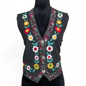 90s Embroidered Black Wool Vest – cottagecore floral vest L